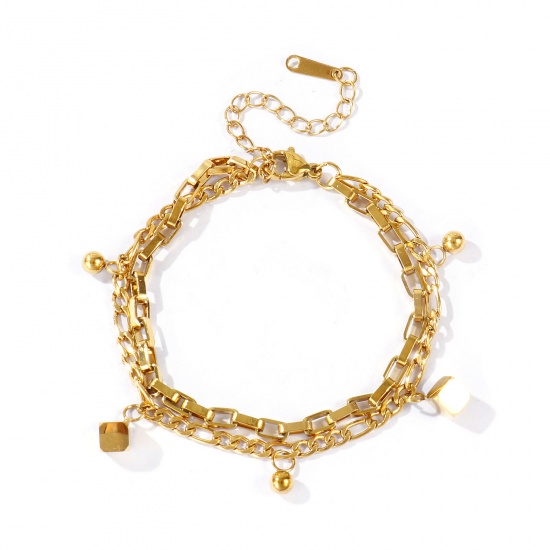 Immagine di Cubo 304 Acciaio Inossidabile Bracciale di Doppio Strato All'Ingrosso, Placcato Oro 18K PVD Ecologica, Donne Squisito Elegante Regalo Fornitura di Gioielli, 16cm + 5cm Lunghezza, 1 Pz