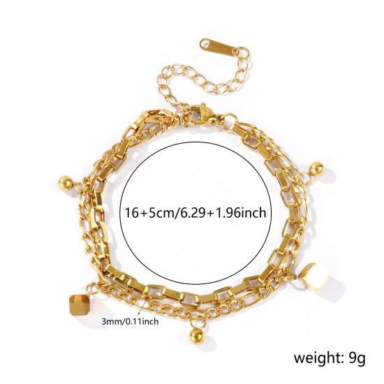 Immagine di Cubo 304 Acciaio Inossidabile Bracciale di Doppio Strato All'Ingrosso, Placcato Oro 18K PVD Ecologica, Donne Squisito Elegante Regalo Fornitura di Gioielli, 16cm + 5cm Lunghezza, 1 Pz
