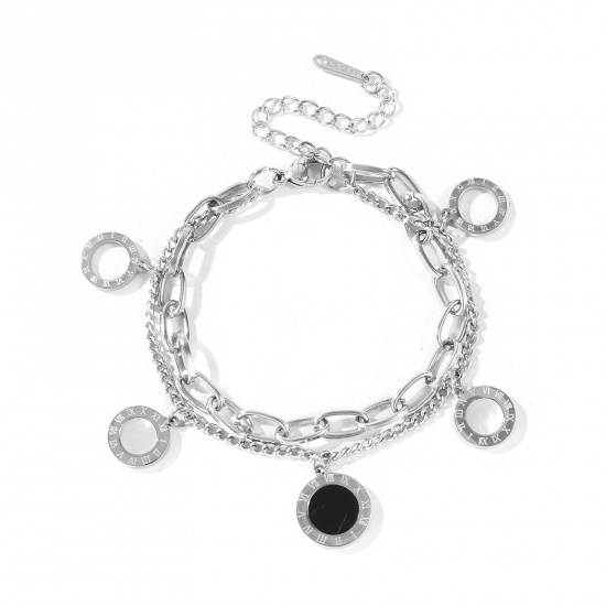 Immagine di Tondo Conchiglie Naturali 304 Acciaio Inossidabile Bracciale di Doppio Strato All'Ingrosso, Tono Argento Ecologico, Donne Squisito Elegante Regalo Fornitura di Gioielli, 16cm + 5cm Lunghezza, 1 Pz