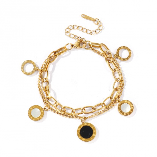Immagine di Tondo Conchiglie Naturali 304 Acciaio Inossidabile Bracciale di Doppio Strato All'Ingrosso, Placcato Oro 18K PVD Ecologica, Donne Squisito Elegante Regalo Fornitura di Gioielli, 16cm + 5cm Lunghezza, 1 Pz