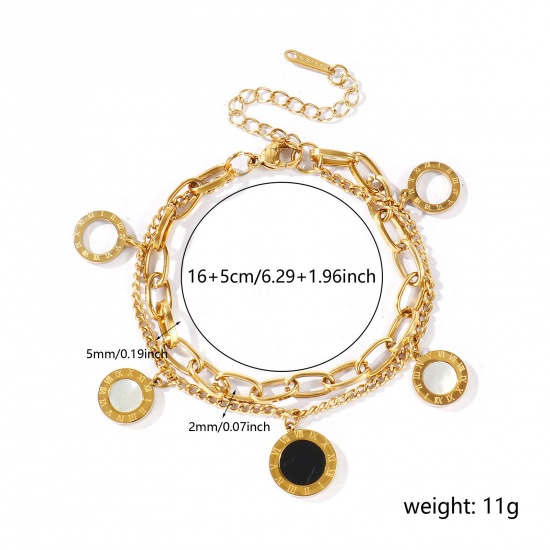 Immagine di Tondo Conchiglie Naturali 304 Acciaio Inossidabile Bracciale di Doppio Strato All'Ingrosso, Placcato Oro 18K PVD Ecologica, Donne Squisito Elegante Regalo Fornitura di Gioielli, 16cm + 5cm Lunghezza, 1 Pz