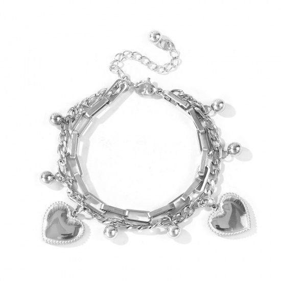 Immagine di Cuore 304 Acciaio Inossidabile Bracciale di Doppio Strato All'Ingrosso, Tono Argento Ecologico, Donne San Valentino Elegante Regalo Fornitura di Gioielli, 16cm + 5cm Lunghezza, 1 Pz