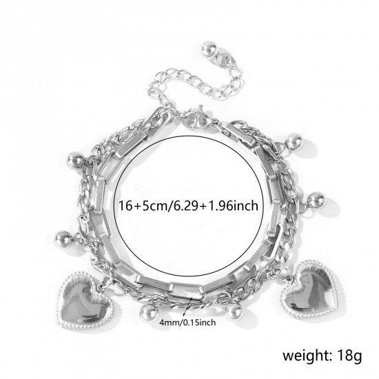 Immagine di Cuore 304 Acciaio Inossidabile Bracciale di Doppio Strato All'Ingrosso, Tono Argento Ecologico, Donne San Valentino Elegante Regalo Fornitura di Gioielli, 16cm + 5cm Lunghezza, 1 Pz