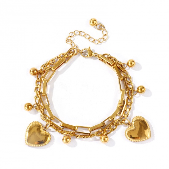 Immagine di Cuore 304 Acciaio Inossidabile Bracciale di Doppio Strato All'Ingrosso, Placcato Oro 18K PVD Ecologica, Donne San Valentino Elegante Regalo Fornitura di Gioielli, 16cm + 5cm Lunghezza, 1 Pz