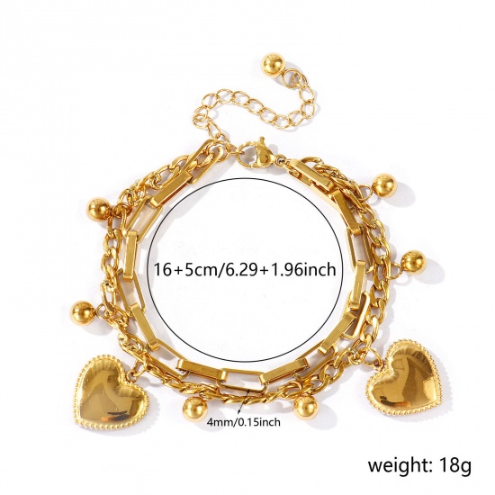 Immagine di Cuore 304 Acciaio Inossidabile Bracciale di Doppio Strato All'Ingrosso, Placcato Oro 18K PVD Ecologica, Donne San Valentino Elegante Regalo Fornitura di Gioielli, 16cm + 5cm Lunghezza, 1 Pz