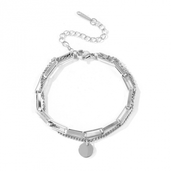Immagine di Tondo 304 Acciaio Inossidabile Bracciale di Doppio Strato All'Ingrosso, Tono Argento Ecologico, Donne Squisito Elegante Regalo Fornitura di Gioielli, 16cm + 5cm Lunghezza, 1 Pz