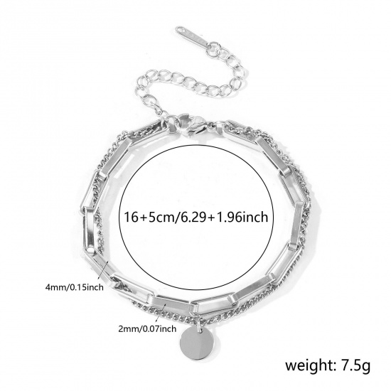 Immagine di Tondo 304 Acciaio Inossidabile Bracciale di Doppio Strato All'Ingrosso, Tono Argento Ecologico, Donne Squisito Elegante Regalo Fornitura di Gioielli, 16cm + 5cm Lunghezza, 1 Pz
