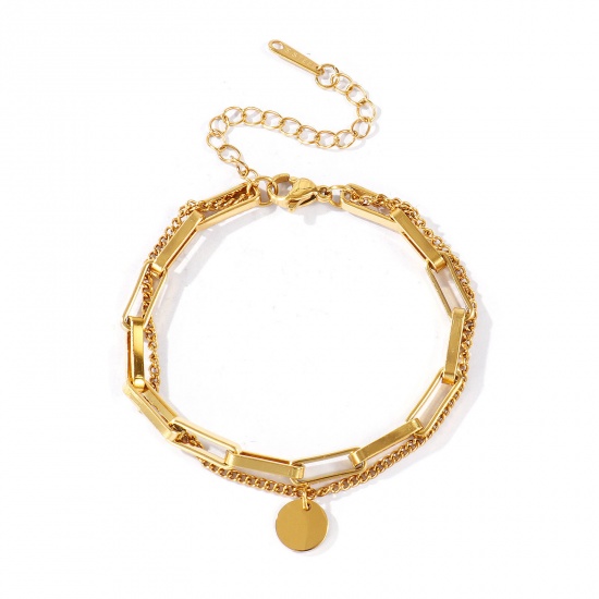Immagine di Tondo 304 Acciaio Inossidabile Bracciale di Doppio Strato All'Ingrosso, Placcato Oro 18K PVD Ecologica, Donne Squisito Elegante Regalo Fornitura di Gioielli, 16cm + 5cm Lunghezza, 1 Pz