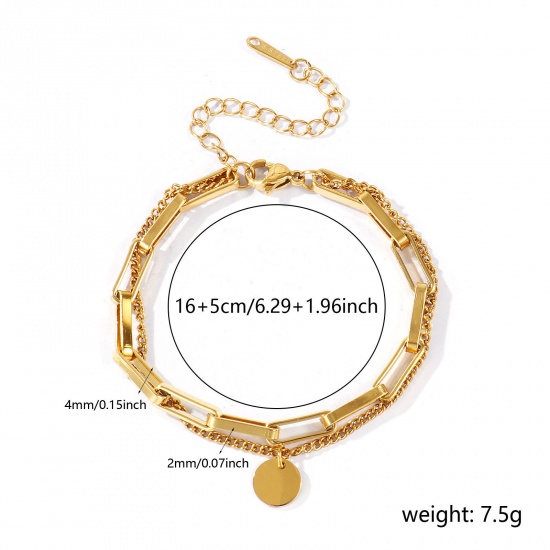 Immagine di Tondo 304 Acciaio Inossidabile Bracciale di Doppio Strato All'Ingrosso, Placcato Oro 18K PVD Ecologica, Donne Squisito Elegante Regalo Fornitura di Gioielli, 16cm + 5cm Lunghezza, 1 Pz