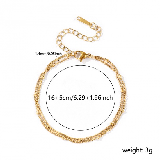 Immagine di 304 Acciaio Inossidabile Catena del Barbazzale Bracciale di Doppio Strato All'Ingrosso, Placcato Oro 18K PVD Ecologica, Donne Squisito Elegante Regalo Fornitura di Gioielli, 16cm + 5cm Lunghezza, 1 Pz
