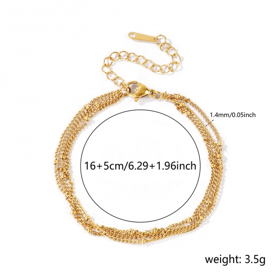 Immagine di 304 Acciaio Inossidabile Catena del Barbazzale Bracciale di Triplo Strato All'Ingrosso, Placcato Oro 18K PVD Ecologica, Donne Squisito Elegante Regalo Fornitura di Gioielli, 16cm + 5cm Lunghezza, 1 Pz