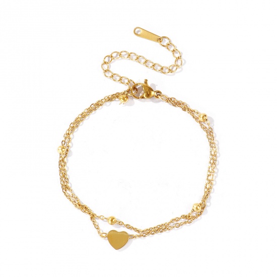 Immagine di Cuore 304 Acciaio Inossidabile Catena a Cavo Bracciale di Doppio Strato All'Ingrosso, Placcato Oro 18K PVD Ecologica, Donne San Valentino Elegante Regalo Fornitura di Gioielli, 16cm + 5cm Lunghezza, 1 Pz