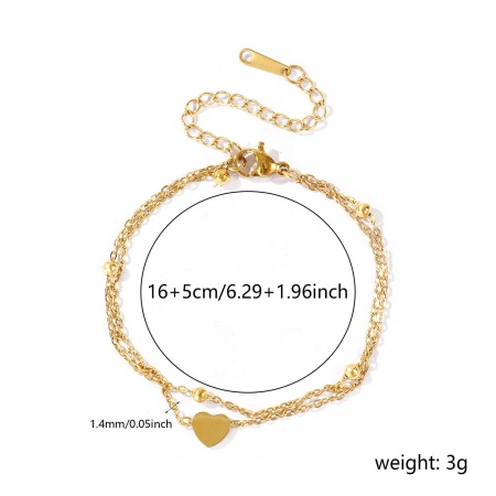 Immagine di Cuore 304 Acciaio Inossidabile Catena a Cavo Bracciale di Doppio Strato All'Ingrosso, Placcato Oro 18K PVD Ecologica, Donne San Valentino Elegante Regalo Fornitura di Gioielli, 16cm + 5cm Lunghezza, 1 Pz