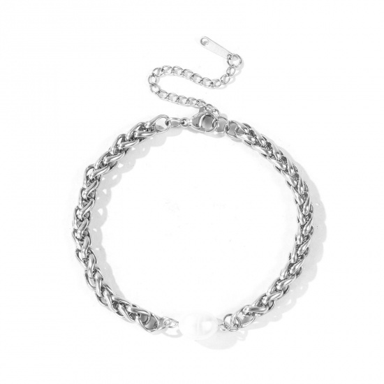 Immagine di Baroque Imitata Perla 304 Acciaio Inossidabile Catena di licopodio Braccialetti con Ciondoli All'Ingrosso, Tono Argento Ecologico, Donne Squisito Elegante Regalo Fornitura di Gioielli, 18cm + 5cm Lunghezza, 1 Pz