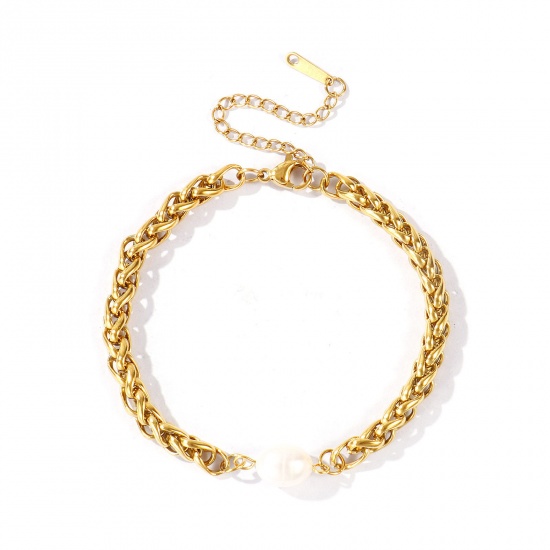Immagine di Baroque Imitata Perla 304 Acciaio Inossidabile Catena di licopodio Braccialetti con Ciondoli All'Ingrosso, Placcato Oro 18K PVD Ecologica, Donne Squisito Elegante Regalo Fornitura di Gioielli, 18cm + 5cm Lunghezza, 1 Pz