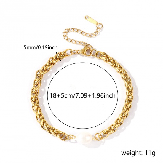 Immagine di Baroque Imitata Perla 304 Acciaio Inossidabile Catena di licopodio Braccialetti con Ciondoli All'Ingrosso, Placcato Oro 18K PVD Ecologica, Donne Squisito Elegante Regalo Fornitura di Gioielli, 18cm + 5cm Lunghezza, 1 Pz