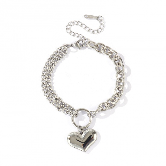 Immagine di Cuore Impiombatura 304 Acciaio Inossidabile Catena a Cavo Braccialetti con Ciondoli All'Ingrosso, Tono Argento Ecologico, Donne San Valentino Elegante Regalo Fornitura di Gioielli, 16cm + 5cm Lunghezza, 1 Pz