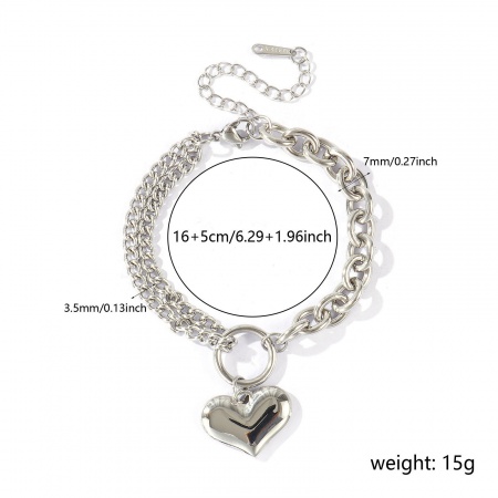 Immagine di Cuore Impiombatura 304 Acciaio Inossidabile Catena a Cavo Braccialetti con Ciondoli All'Ingrosso, Tono Argento Ecologico, Donne San Valentino Elegante Regalo Fornitura di Gioielli, 16cm + 5cm Lunghezza, 1 Pz