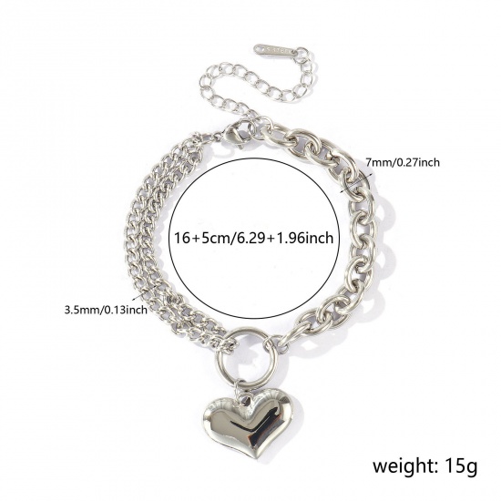 Immagine di Cuore Impiombatura 304 Acciaio Inossidabile Catena a Cavo Braccialetti con Ciondoli All'Ingrosso, Tono Argento Ecologico, Donne San Valentino Elegante Regalo Fornitura di Gioielli, 16cm + 5cm Lunghezza, 1 Pz