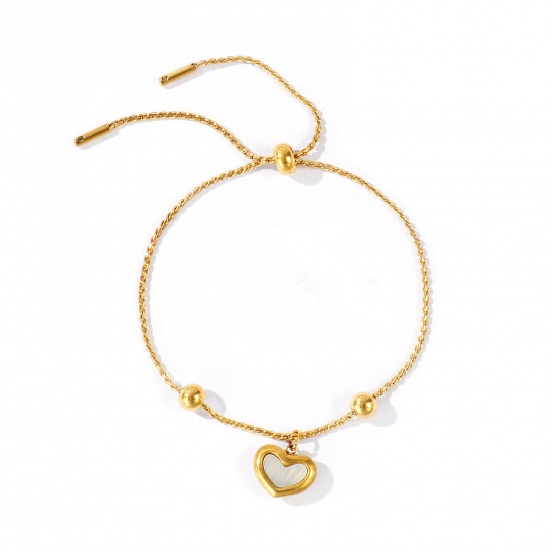 Immagine di Cuore Conchiglie Naturali 304 Acciaio Inossidabile Catena del Barbazzale Slider Regolabile Bolo Bracciale / Presentazione All'Ingrosso, Placcato Oro 18K PVD Ecologica, Donne San Valentino Elegante Regalo Fornitura di Gioielli, 22cm Lunghezza, 1 Pz