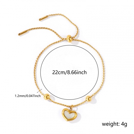 Immagine di Cuore Conchiglie Naturali 304 Acciaio Inossidabile Catena del Barbazzale Slider Regolabile Bolo Bracciale / Presentazione All'Ingrosso, Placcato Oro 18K PVD Ecologica, Donne San Valentino Elegante Regalo Fornitura di Gioielli, 22cm Lunghezza, 1 Pz