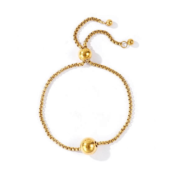 Immagine di Palla 304 Acciaio Inossidabile Catena a Casella Slider Regolabile Bolo Bracciale / Presentazione All'Ingrosso, Placcato Oro 18K PVD Ecologica, Donne Squisito Elegante Regalo Fornitura di Gioielli, 22cm Lunghezza, 1 Pz