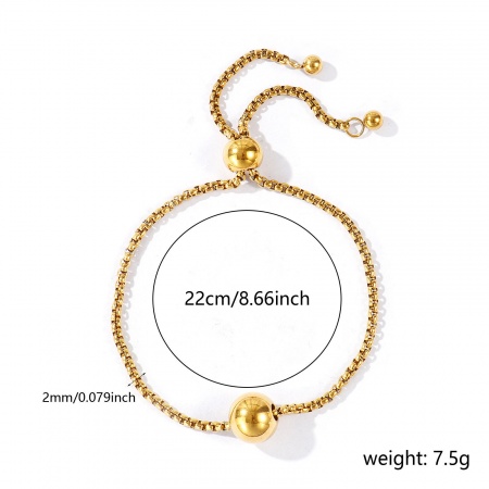 Immagine di Palla 304 Acciaio Inossidabile Catena a Casella Slider Regolabile Bolo Bracciale / Presentazione All'Ingrosso, Placcato Oro 18K PVD Ecologica, Donne Squisito Elegante Regalo Fornitura di Gioielli, 22cm Lunghezza, 1 Pz