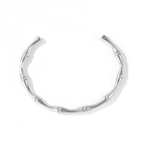 Immagine di Forma di Bambù 304 Acciaio Inossidabile Aprire Braccialetti All'Ingrosso, Tono Argento Ecologico, Donne Squisito Elegante Regalo Fornitura di Gioielli, 16cm Lunghezza, 1 Pz