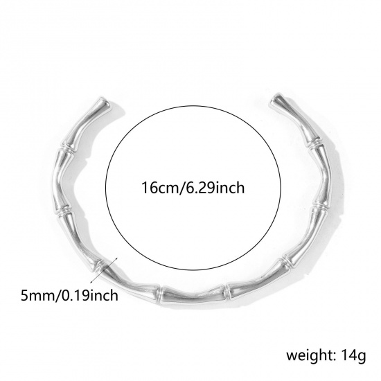 Immagine di Forma di Bambù 304 Acciaio Inossidabile Aprire Braccialetti All'Ingrosso, Tono Argento Ecologico, Donne Squisito Elegante Regalo Fornitura di Gioielli, 16cm Lunghezza, 1 Pz