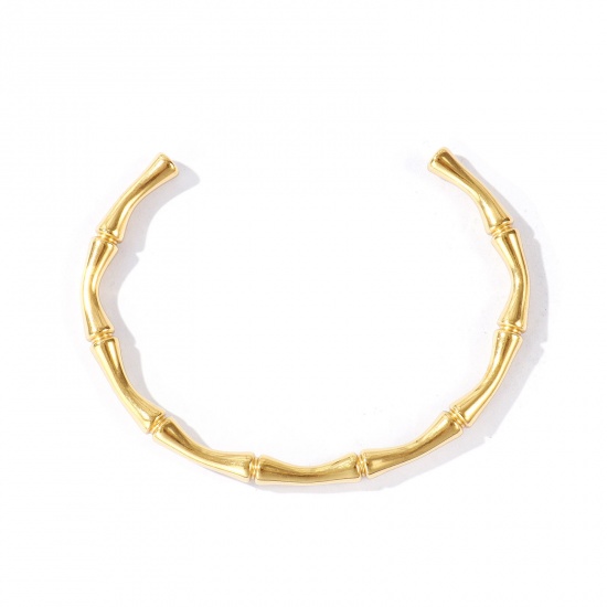 Immagine di Forma di Bambù 304 Acciaio Inossidabile Aprire Braccialetti All'Ingrosso, Placcato Oro 18K PVD Ecologica, Donne Squisito Elegante Regalo Fornitura di Gioielli, 16cm Lunghezza, 1 Pz