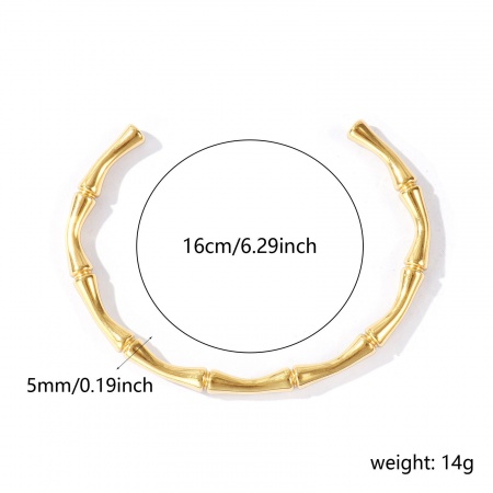 Immagine di Forma di Bambù 304 Acciaio Inossidabile Aprire Braccialetti All'Ingrosso, Placcato Oro 18K PVD Ecologica, Donne Squisito Elegante Regalo Fornitura di Gioielli, 16cm Lunghezza, 1 Pz