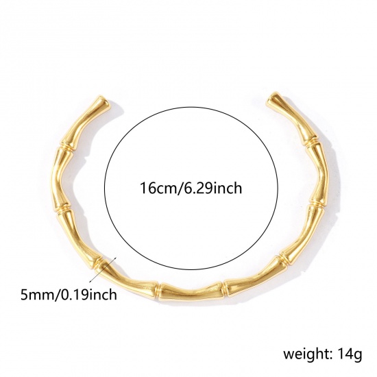 Immagine di Forma di Bambù 304 Acciaio Inossidabile Aprire Braccialetti All'Ingrosso, Placcato Oro 18K PVD Ecologica, Donne Squisito Elegante Regalo Fornitura di Gioielli, 16cm Lunghezza, 1 Pz