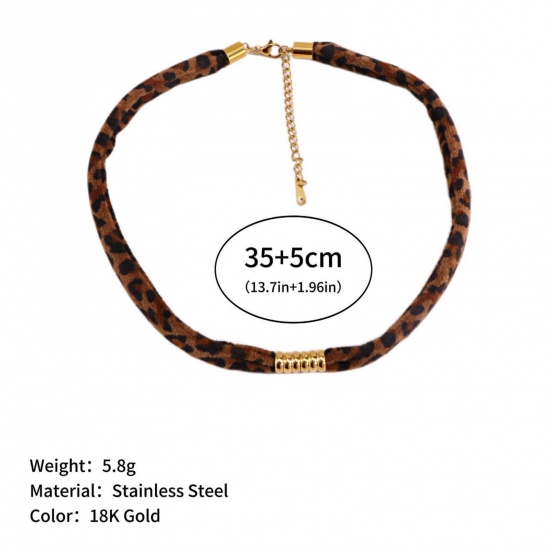 Picture of Wholesale Leopard Print Brown Necklace Choker, 18K Gold Plated 304 Stainless Steel & Polyester Cord, Unisex Eco-friendly PVD Stylish Hip Hop Gift Jewelry For Retailer, 35cm(13.8") + 5cm(2") long, 1 Piece