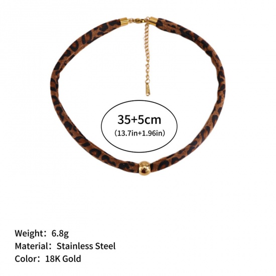 Picture of Wholesale Leopard Print Brown Necklace Choker, 18K Gold Plated 304 Stainless Steel & Polyester Cord, Unisex Eco-friendly PVD Stylish Hip Hop Gift Jewelry For Retailer, 35cm(13.8") + 5cm(2") long, 1 Piece