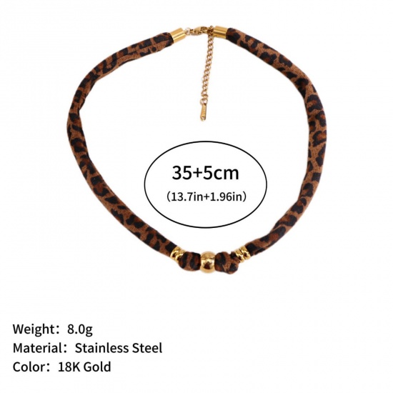 Picture of Wholesale Leopard Print Brown Necklace Choker, 18K Gold Plated 304 Stainless Steel & Polyester Cord, Unisex Eco-friendly PVD Stylish Hip Hop Gift Jewelry For Retailer, 35cm(13.8") + 5cm(2") long, 1 Piece