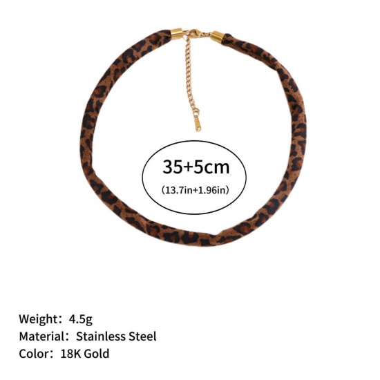 Picture of Wholesale Leopard Print Brown Necklace Choker, 18K Gold Plated 304 Stainless Steel & Polyester Cord, Unisex Eco-friendly PVD Stylish Hip Hop Gift Jewelry For Retailer, 35cm(13.8") + 5cm(2") long, 1 Piece