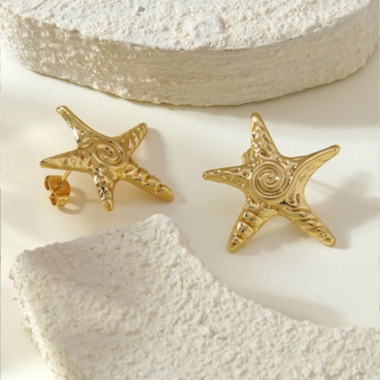 Picture of Wholesale Ocean Jewelry Simple & Casual Ear Post Stud Earrings, Starfish 18K Gold Plated 304 Stainless Steel, Women's Gift Jewelry Supply, 1 Pair