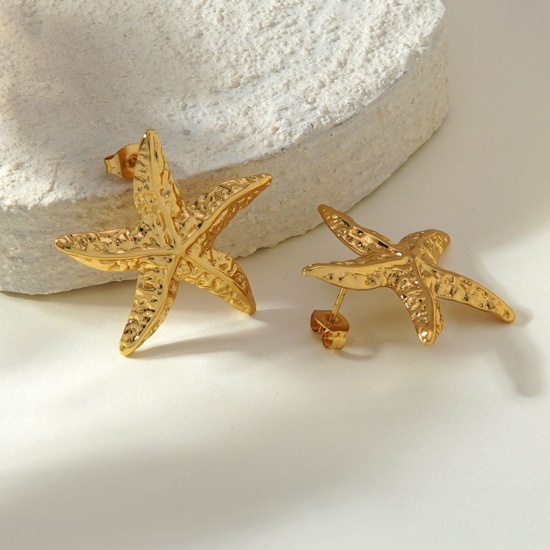 Picture of Wholesale Ocean Jewelry Simple & Casual Ear Post Stud Earrings, Starfish 18K Gold Plated 304 Stainless Steel, Women's Gift Jewelry Supply, 1 Pair