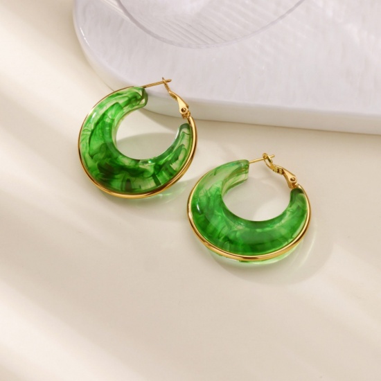 Picture of Wholesale Stylish Dainty Hoop Earrings, Green 18K Gold Plated 304 Stainless Steel & Resin, Women's Gift Jewelry Supply, 36mm x 18mm, 1 Pair