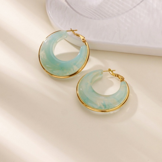 Picture of Wholesale Stylish Dainty Hoop Earrings, Blue 18K Gold Plated 304 Stainless Steel & Resin, Women's Gift Jewelry Supply, 36mm x 18mm, 1 Pair