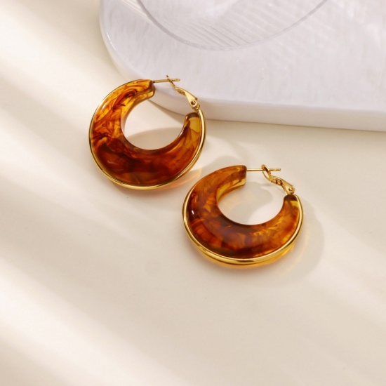 Picture of Wholesale Stylish Dainty Hoop Earrings, Brown 18K Gold Plated 304 Stainless Steel & Resin, Women's Gift Jewelry Supply, 36mm x 18mm, 1 Pair