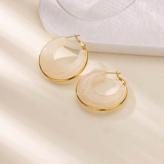 Picture of Wholesale Stylish Dainty Hoop Earrings, Peachy Beige 18K Gold Plated 304 Stainless Steel & Resin, Women's Gift Jewelry Supply, 36mm x 18mm, 1 Pair