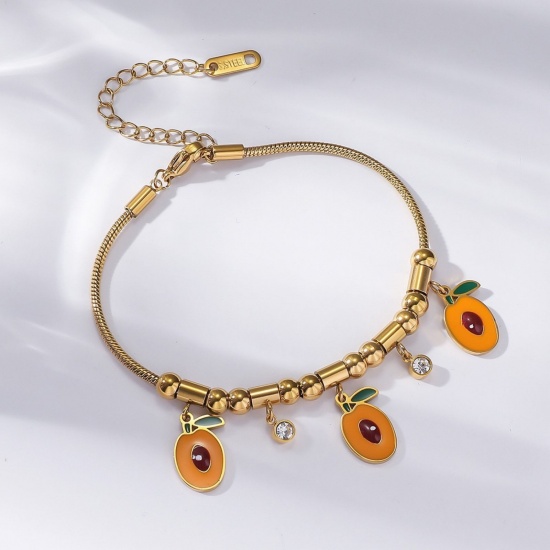 Picture of Wholesale Avocado Fruit Orange Enamel Clear Rhinestone 304 Stainless Steel Snake Chain Charm Bracelets, 18K Gold Plated Eco-friendly PVD, Women's Creative Stylish Gift Jewelry Supply, 18cm(7.1") + 7cm(2.8") long, 1 Piece