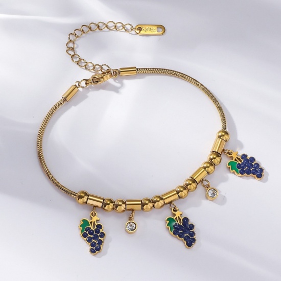 Picture of Wholesale Grape Fruit Blue Violet Enamel Clear Rhinestone 304 Stainless Steel Snake Chain Charm Bracelets, 18K Gold Plated Eco-friendly PVD, Women's Creative Stylish Gift Jewelry Supply, 18cm(7.1") + 7cm(2.8") long, 1 Piece