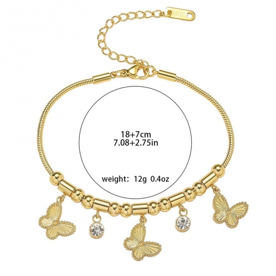 Picture of Wholesale Butterfly Animal Clear Rhinestone 304 Stainless Steel Snake Chain Charm Bracelets, 18K Gold Plated Eco-friendly PVD, Women's Creative Stylish Gift Jewelry Supply, 18cm(7.1") + 7cm(2.8") long, 1 Piece