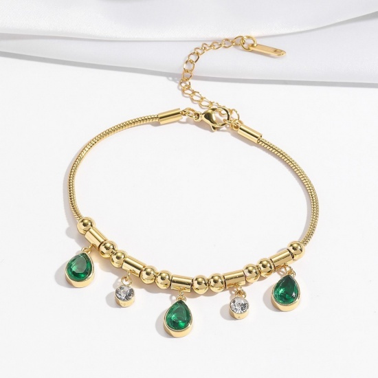Picture of Wholesale Drop Green Rhinestone 304 Stainless Steel Snake Chain Charm Bracelets, 18K Gold Plated Eco-friendly PVD, Women's Creative Stylish Gift Jewelry Supply, 18cm(7.1") + 7cm(2.8") long, 1 Piece