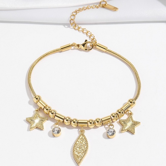 Picture of Wholesale Leaf Pentagram Star Clear Rhinestone 304 Stainless Steel Snake Chain Charm Bracelets, 18K Gold Plated Eco-friendly PVD, Women's Creative Stylish Gift Jewelry Supply, 18cm(7.1") + 7cm(2.8") long, 1 Piece