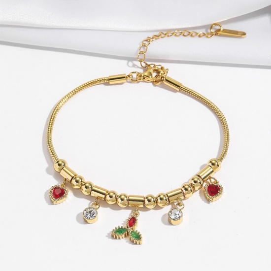 Picture of Wholesale Heart Multicolor Rhinestone 304 Stainless Steel Snake Chain Charm Bracelets, 18K Gold Plated Eco-friendly PVD, Women's Creative Stylish Gift Jewelry Supply, 18cm(7.1") + 7cm(2.8") long, 1 Piece