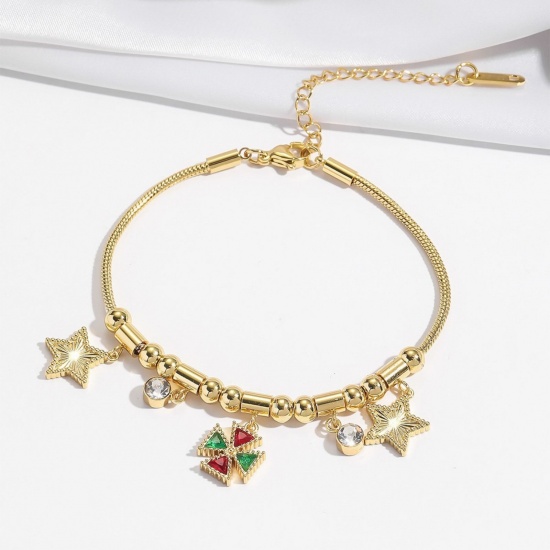 Picture of Wholesale Pentagram Star Multicolor Rhinestone 304 Stainless Steel Snake Chain Charm Bracelets, 18K Gold Plated Eco-friendly PVD, Women's Creative Stylish Gift Jewelry Supply, 18cm(7.1") + 7cm(2.8") long, 1 Piece