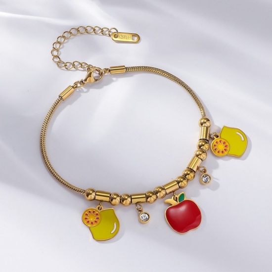 Picture of Wholesale Apple Fruit Lemon Multicolor Enamel Clear Rhinestone 304 Stainless Steel Snake Chain Charm Bracelets, 18K Gold Plated Eco-friendly PVD, Women's Creative Stylish Gift Jewelry Supply, 18cm(7.1") + 7cm(2.8") long, 1 Piece